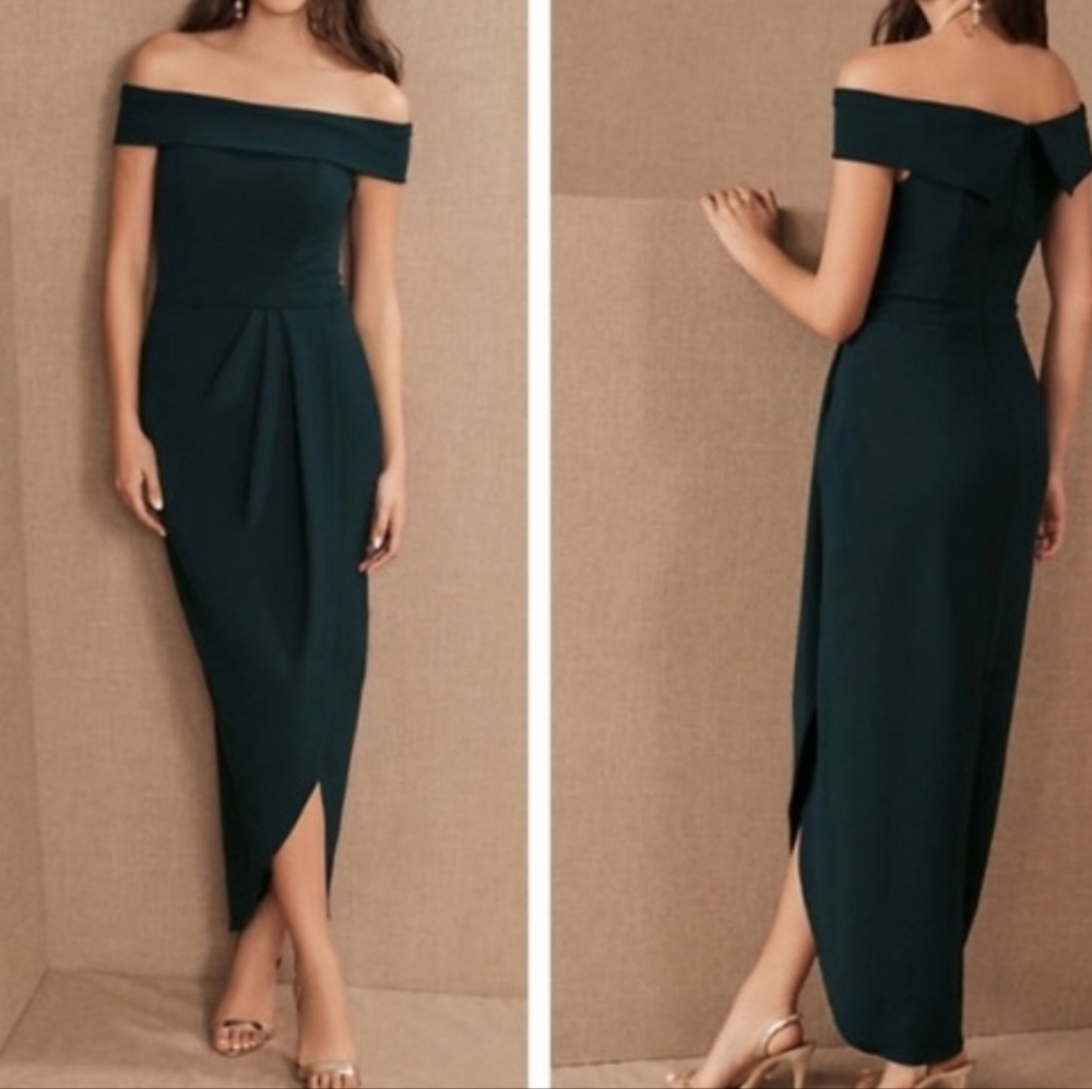 Bhldn Thompson Elegant Off-Shoulder Dark Green Dress